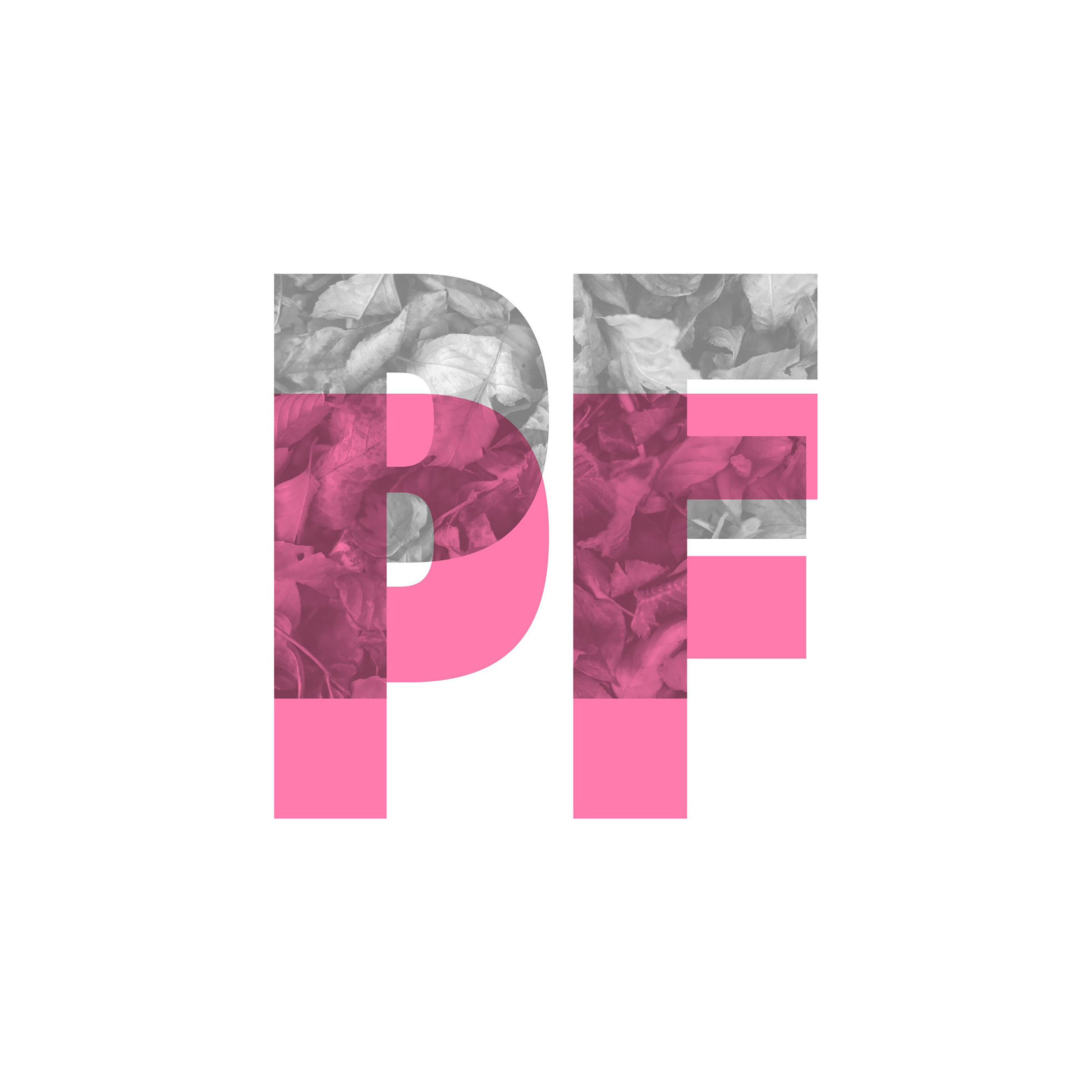 The Popcorn Fiend PF logo: oversized cropped letterforms filled with pink duotone leaf photography